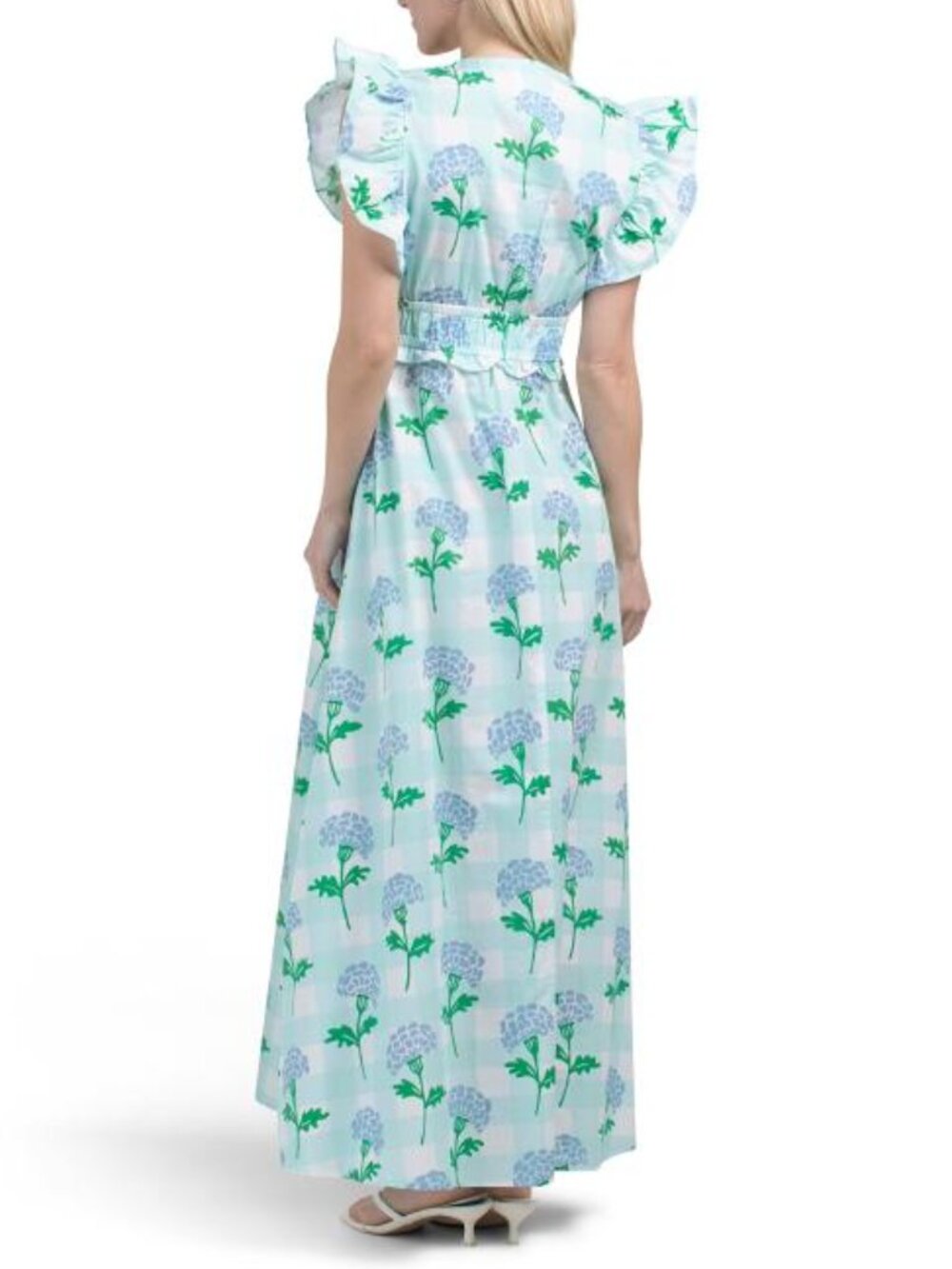 SAIL TO SABLE Flutter Sleeve V-neck Gingham Dress With Flowers - Picture 2 of 2